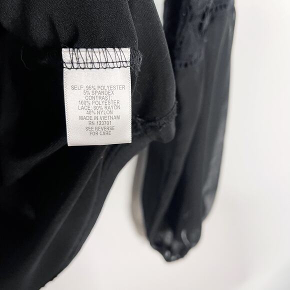 Roz & Ali Medium M Black Lace Inset Sheer Long Sleeve Blouse Top Round Neck - Picture 6 of 7